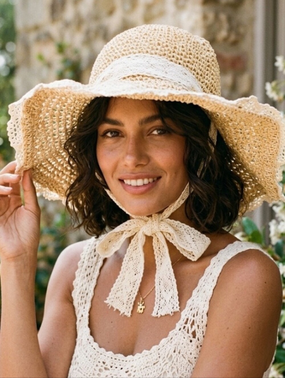 Vintage Style Woven Straw Sun Hat with Lace Trim & Chin Tie Packable Wired Brim